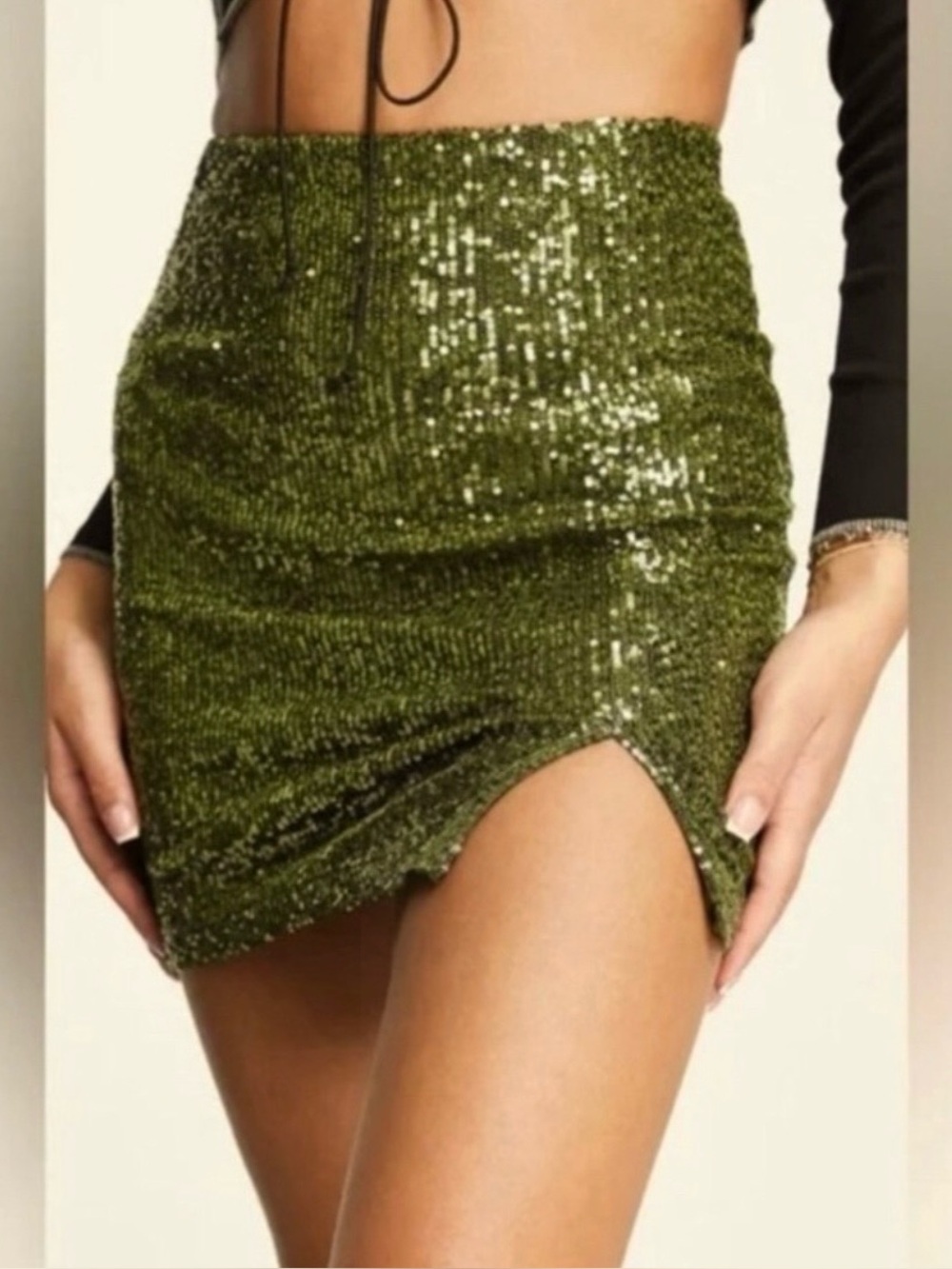 Olive Sequin High-Waist Mini Skirt with Front Slit